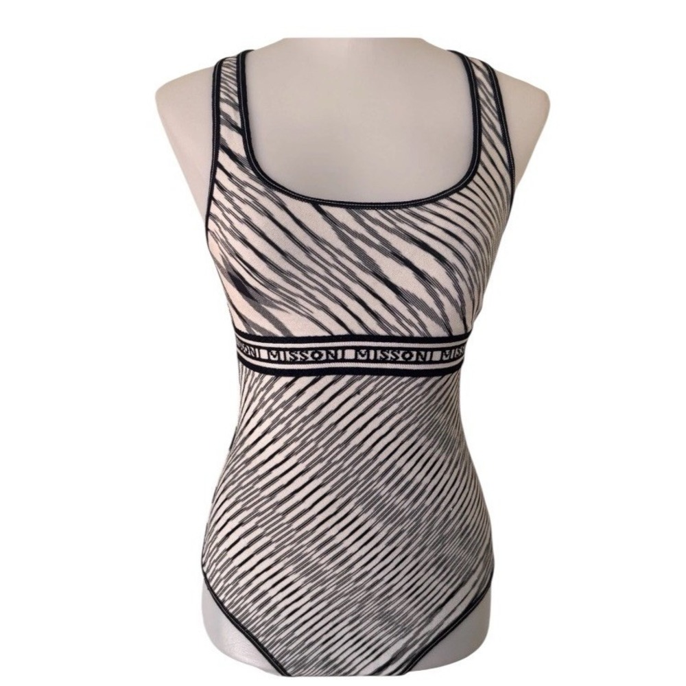 NEW Missoni One Piece Swimsuit Black White Striped Pattern Logo Size 44 Italy